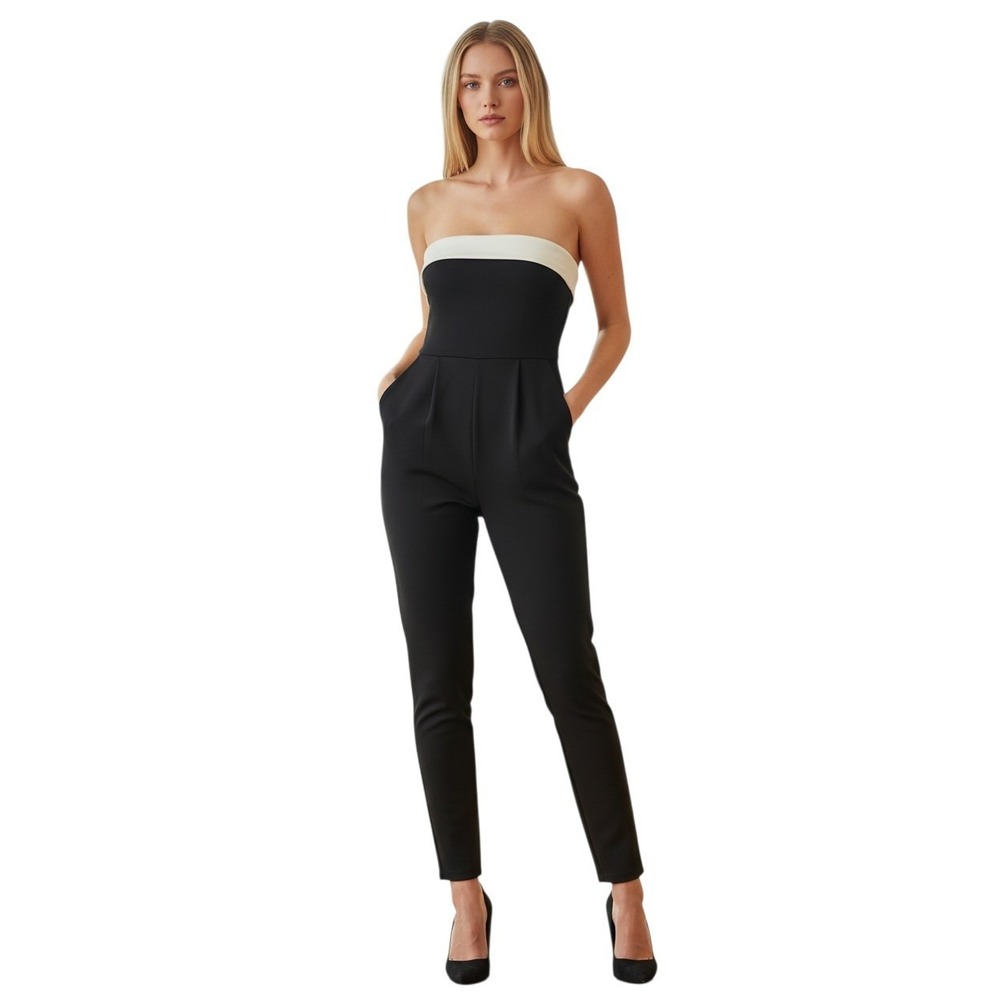 Aqua Strapless Cropped Ankle Jumpsuit Women's XS Black Waffle Knit High Waisted